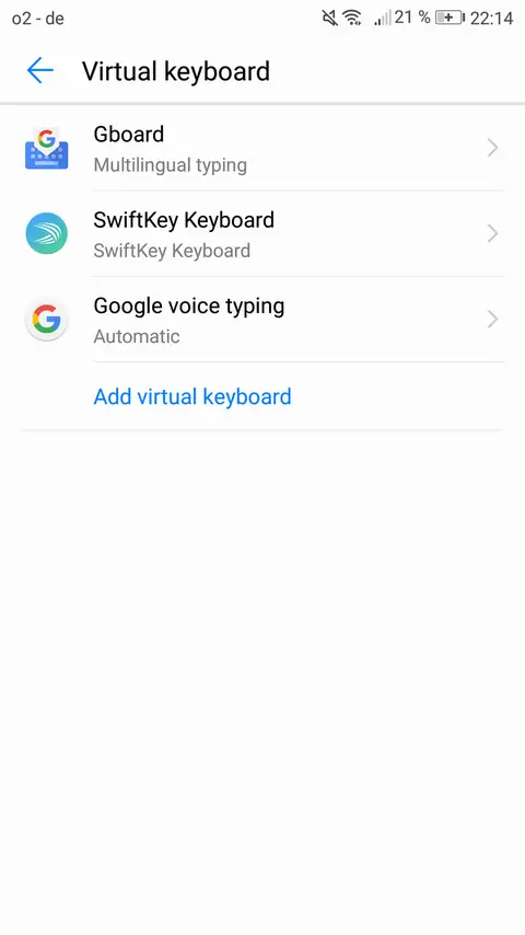 Android virtual keyboard settings screen showing Gboard and SwiftKey