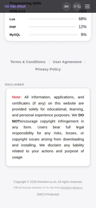 KhoindVN app disclaimer and footer with copyright notice