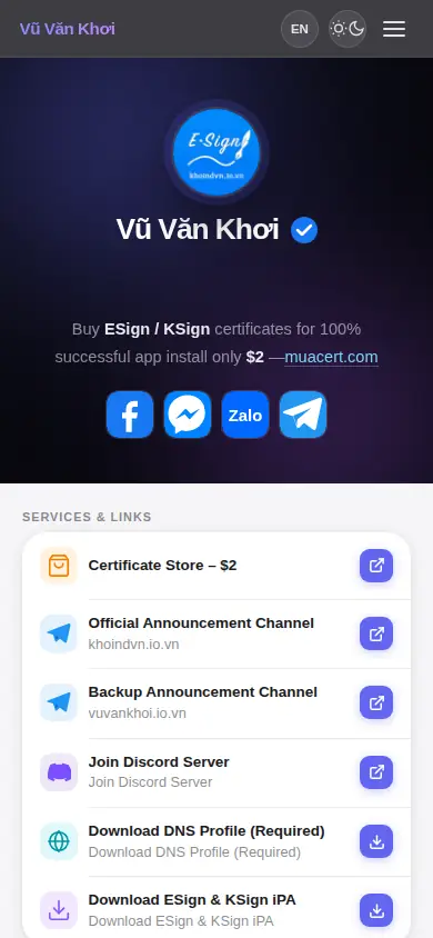 KhoindVN app home screen: site owner profile, certificate pitch, and contact buttons