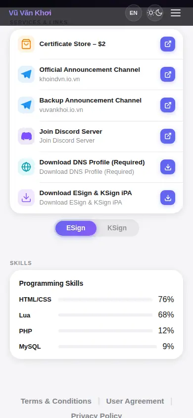 KhoindVN app services list: certificate store, announcement channels, and download links