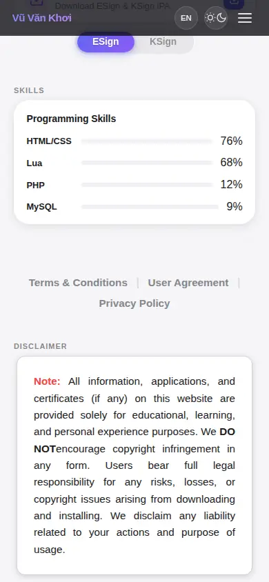 KhoindVN app skills section with programming skill bars and terms links